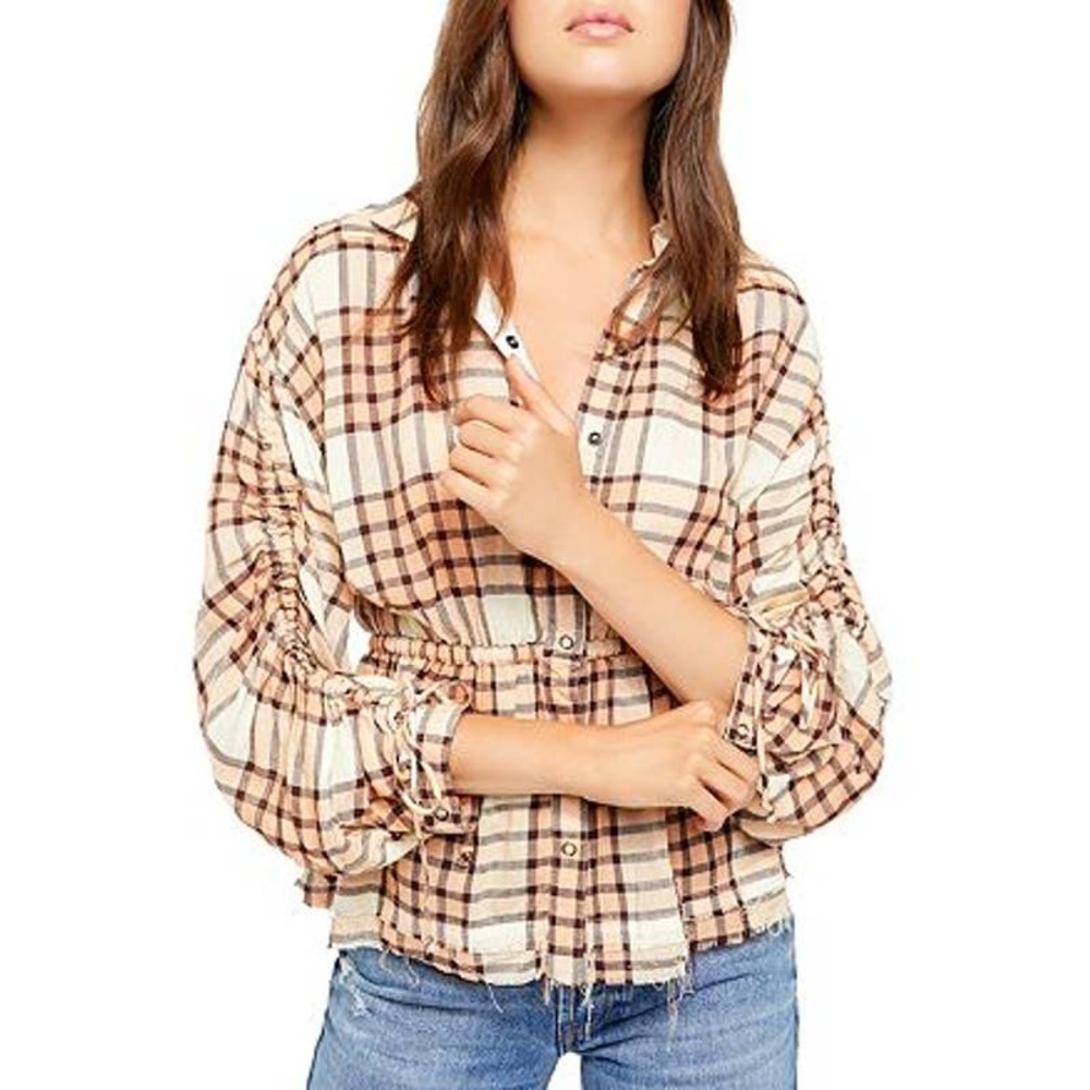Free People Pacific Dawn Plaid Distressed Button Down Top Size Extra Small